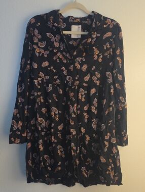 SO Black Paisley Tiered Long Sleeve Tunic Dress with Orange Accents